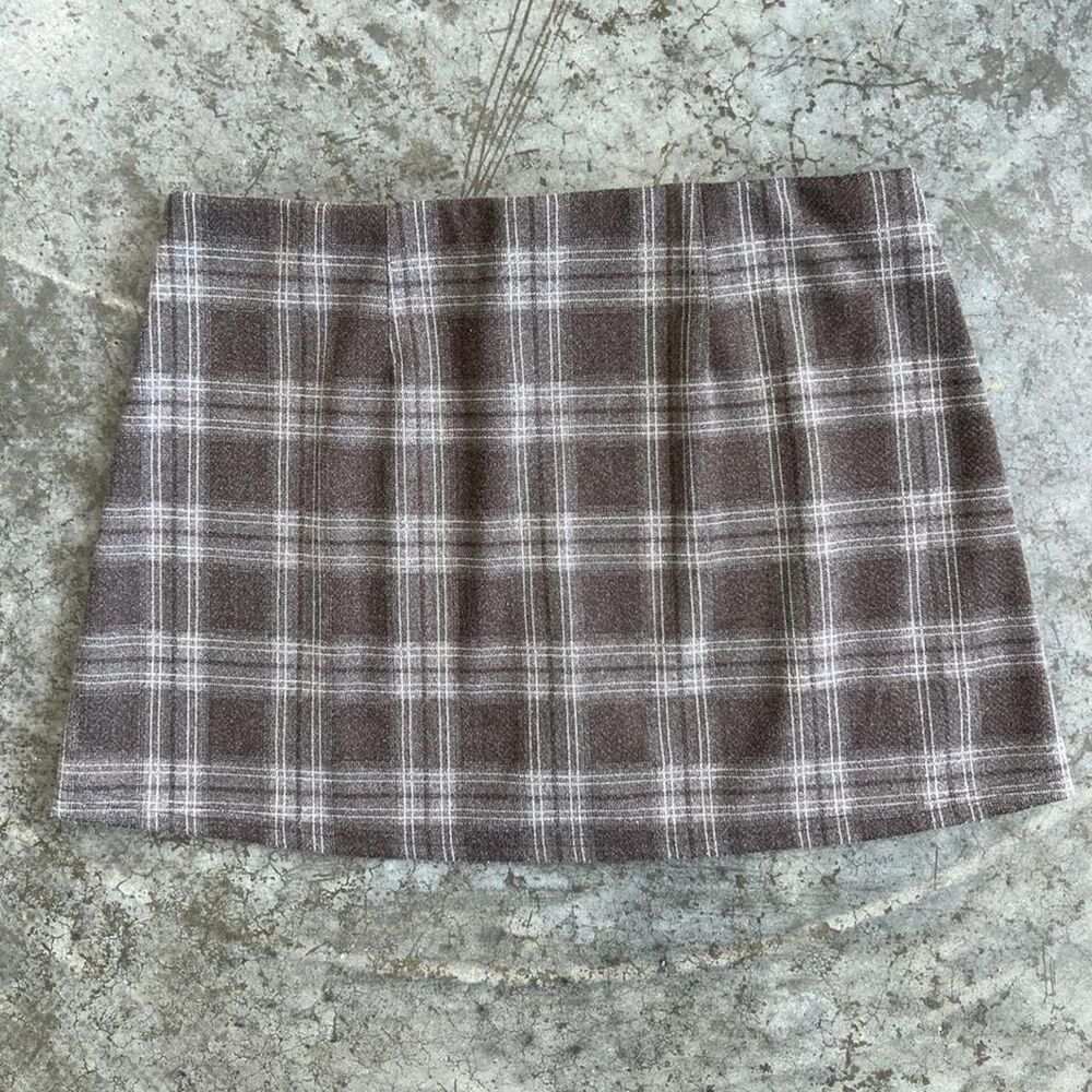 SO Plaid Mini Skort Brown Neutral Tartan Print XL Retro Slit Detail Comfortable - Picture 4 of 8